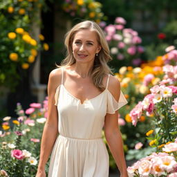 A gentle woman aged 30-35 with soft facial features, dressed in a pastel-colored dress, strolling through a blooming garden in Siena