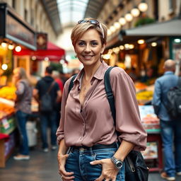A woman aged 35-40 with a short haircut, dressed in stylish jeans and a fashionable blouse, posing in front of a lively market in Palermo