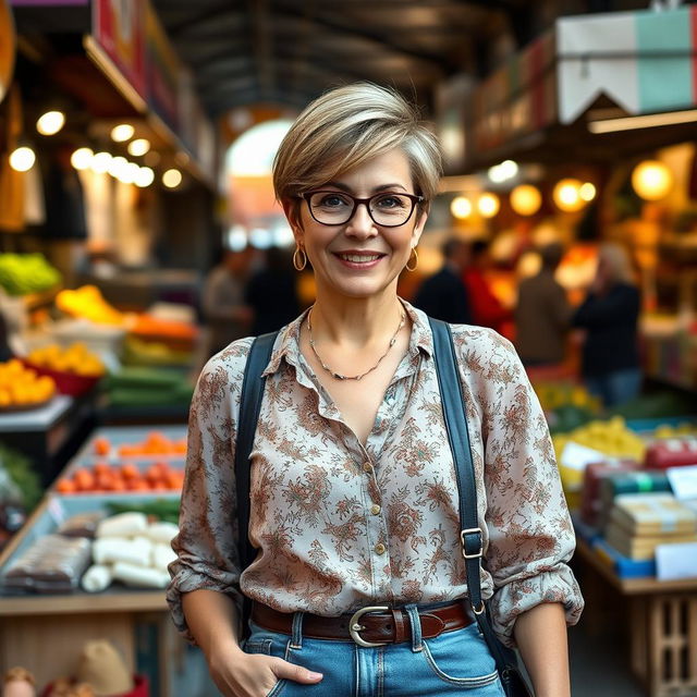 A woman aged 35-40 with a short haircut, dressed in stylish jeans and a fashionable blouse, posing in front of a lively market in Palermo