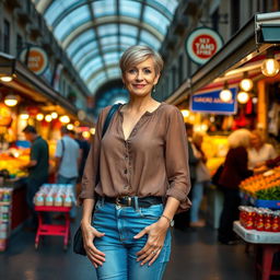 A woman aged 35-40 with a short haircut, dressed in stylish jeans and a fashionable blouse, posing in front of a lively market in Palermo