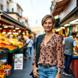 A woman aged 35-40 with a short haircut, dressed in stylish jeans and a fashionable blouse, posing in front of a lively market in Palermo