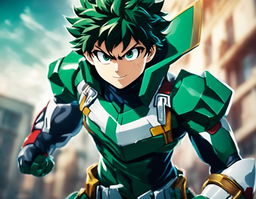 Advertisement-style portrait of Midoriya Izuku from My Hero Academia in his hero costume, posed dynamically against a blurred action background