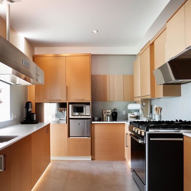 A modern, fully equipped kitchen with gleaming surfaces, stainless steel appliances, and natural light.