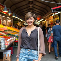 A 32-year-old woman with a short haircut, dressed in stylish jeans and a fashionable blouse, posing in front of a lively market in Palermo