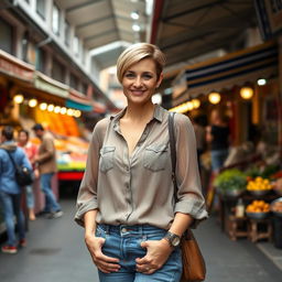 A 32-year-old woman with a short haircut, dressed in stylish jeans and a fashionable blouse, posing in front of a lively market in Palermo