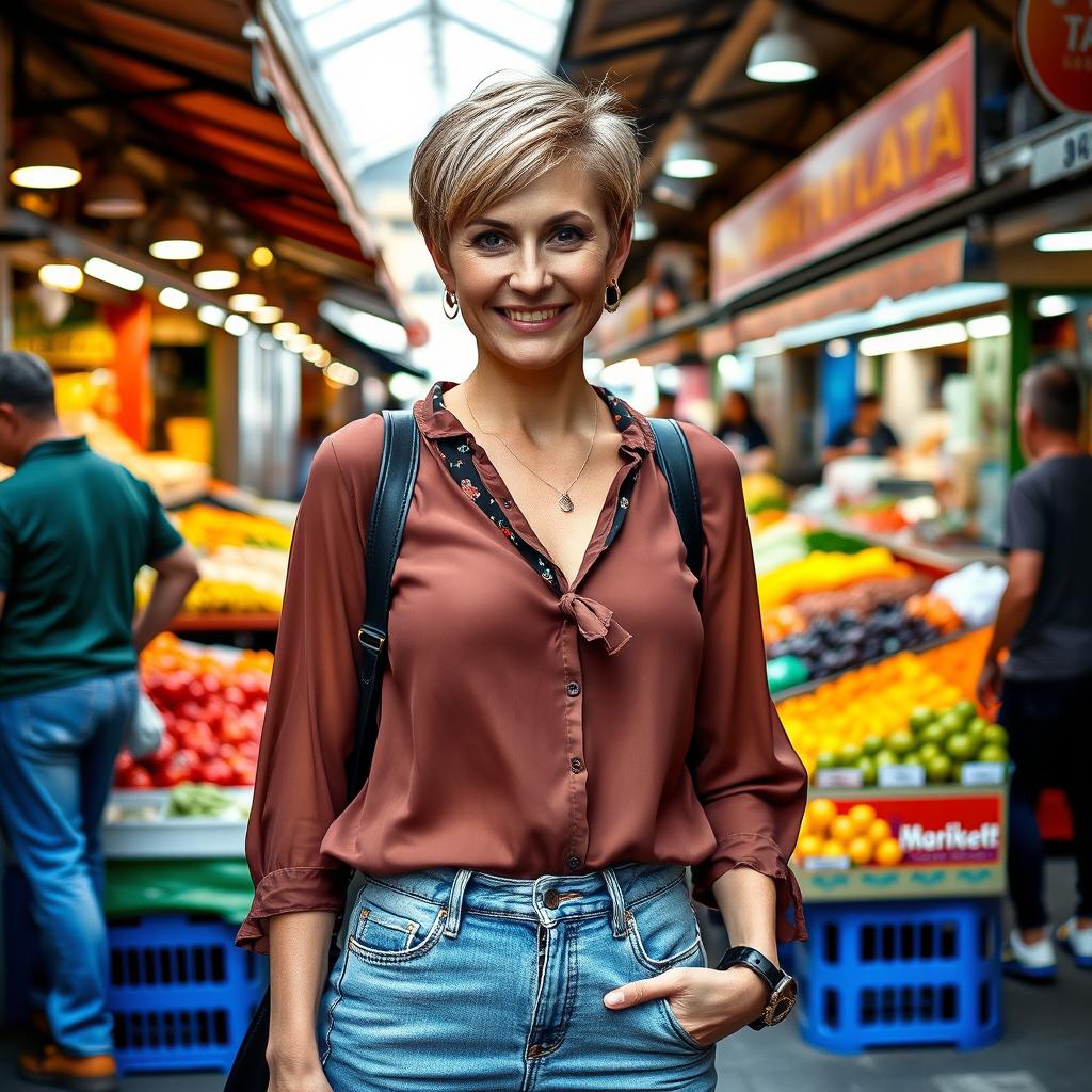 A 32-year-old woman with a short haircut, dressed in stylish jeans and a fashionable blouse, posing in front of a lively market in Palermo