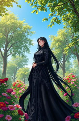 A powerful and elegant villainess, with long flowing black hair and striking red eyes, wearing an ornate dark gown adorned with intricate silver patterns and a high collar