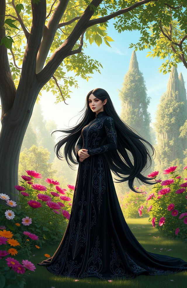 A powerful and elegant villainess, with long flowing black hair and striking red eyes, wearing an ornate dark gown adorned with intricate silver patterns and a high collar