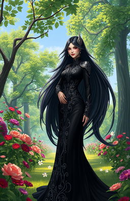 A powerful and elegant villainess, with long flowing black hair and striking red eyes, wearing an ornate dark gown adorned with intricate silver patterns and a high collar
