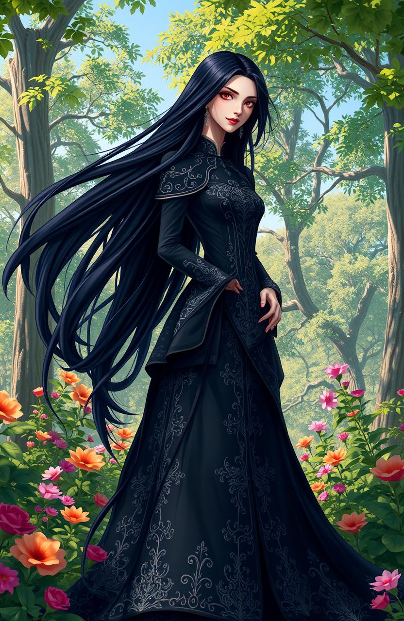 A powerful and elegant villainess, with long flowing black hair and striking red eyes, wearing an ornate dark gown adorned with intricate silver patterns and a high collar