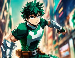 Advertisement-style portrait of Midoriya Izuku from My Hero Academia in his hero costume, posed dynamically against a blurred action background