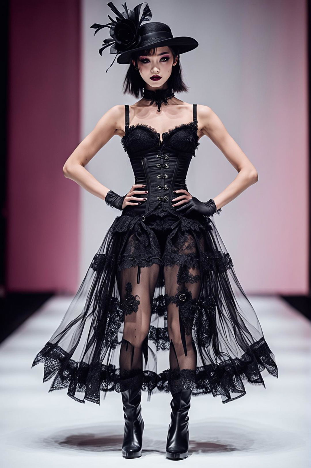 High fashion photograph of a model in a different, yet equally sophisticated gothic-inspired outfit, maintaining the same kawaii vibe and runway background