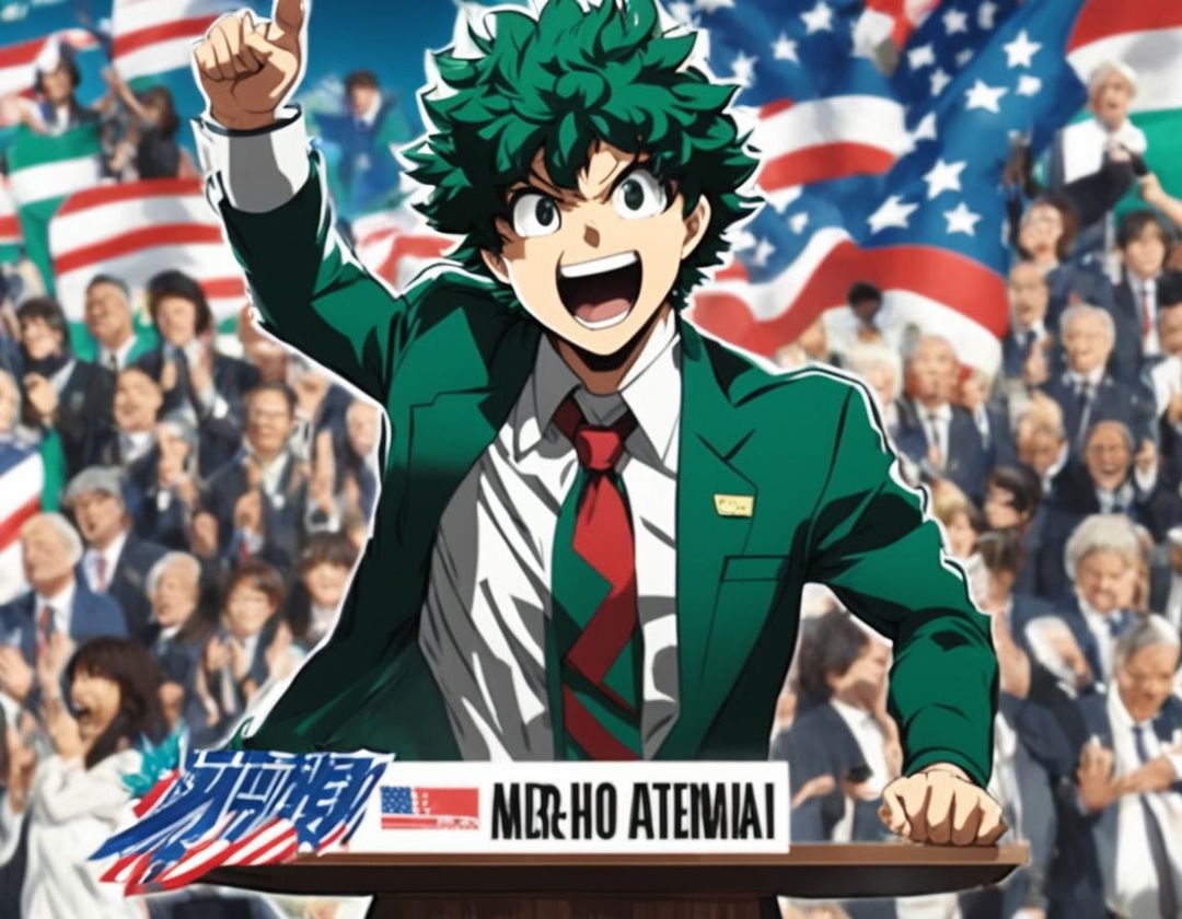 Advertisement-style image of Midoriya Izuku from My Hero Academia running for President, dressed in a suit and addressing a crowd