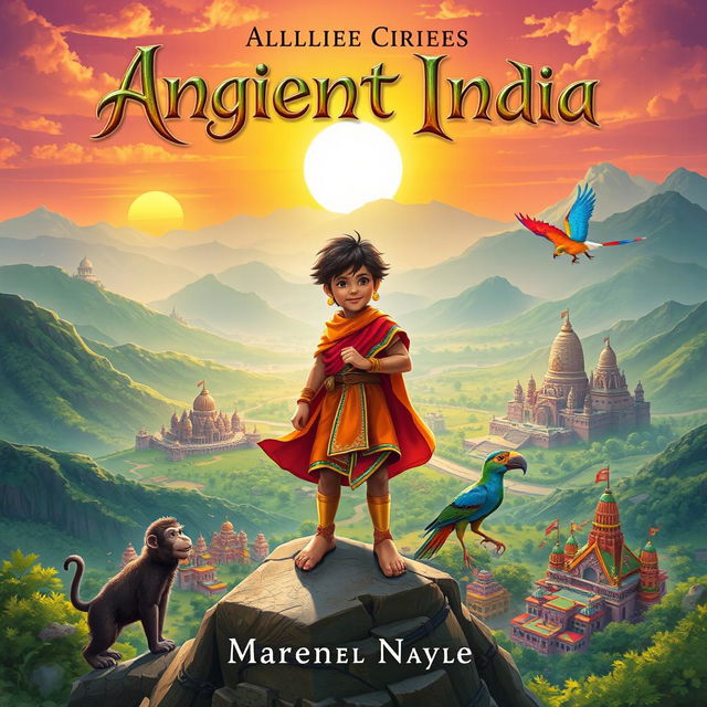 A captivating cover for a middle-grade fantasy novel set in ancient India, featuring a brave young hero adorned in colorful traditional clothing, standing confidently atop a majestic hill overlooking a vibrant city with intricate architecture