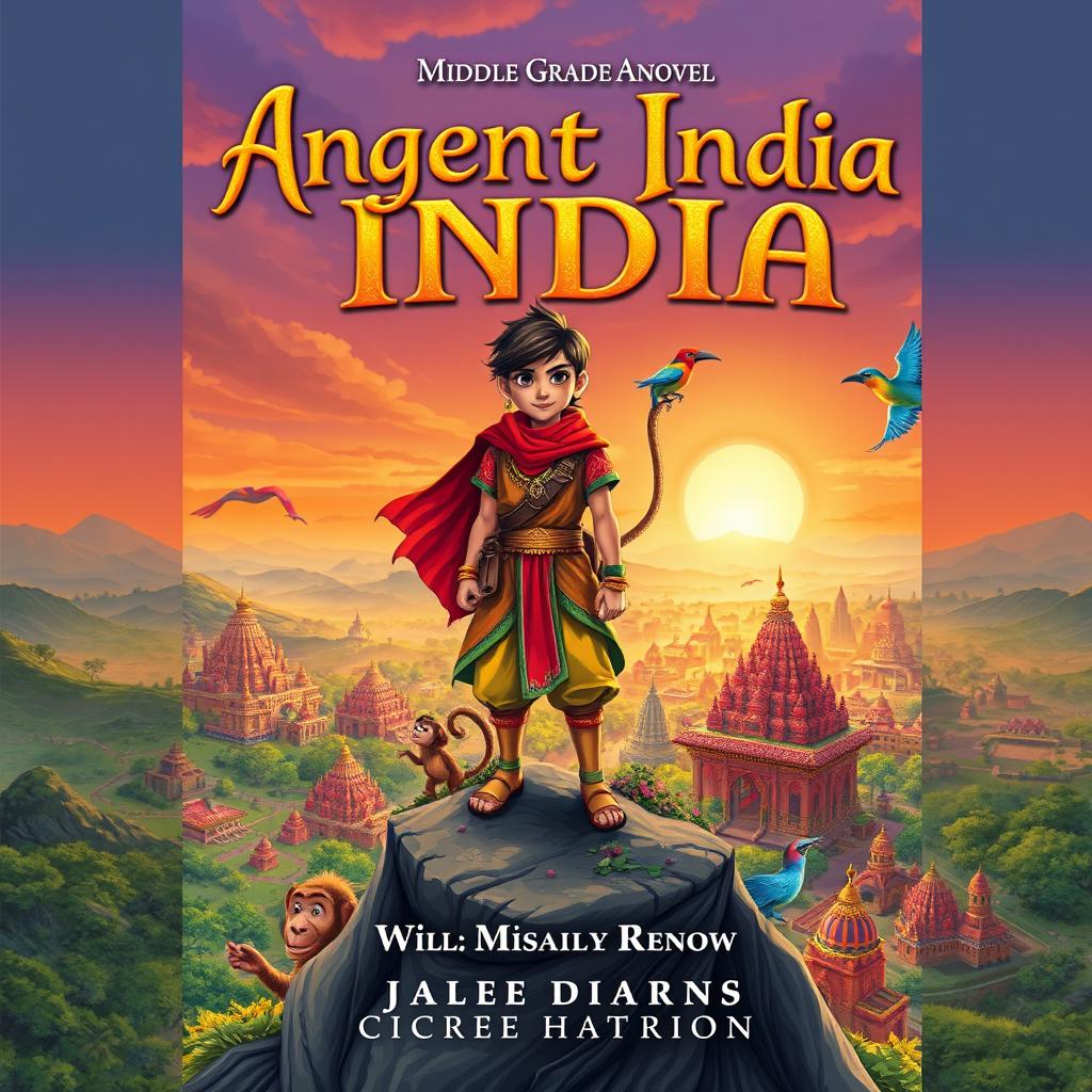 A captivating cover for a middle-grade fantasy novel set in ancient India, featuring a brave young hero adorned in colorful traditional clothing, standing confidently atop a majestic hill overlooking a vibrant city with intricate architecture