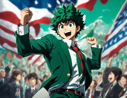 Advertisement-style image of Midoriya Izuku from My Hero Academia running for President, dressed in a suit and addressing a crowd