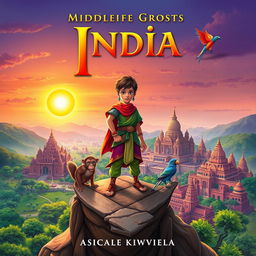 A captivating cover for a middle-grade fantasy novel set in ancient India, featuring a brave young hero adorned in colorful traditional clothing, standing confidently atop a majestic hill overlooking a vibrant city with intricate architecture