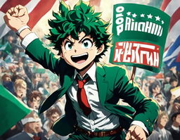 Advertisement-style image of Midoriya Izuku from My Hero Academia running for President, dressed in a suit and addressing a crowd