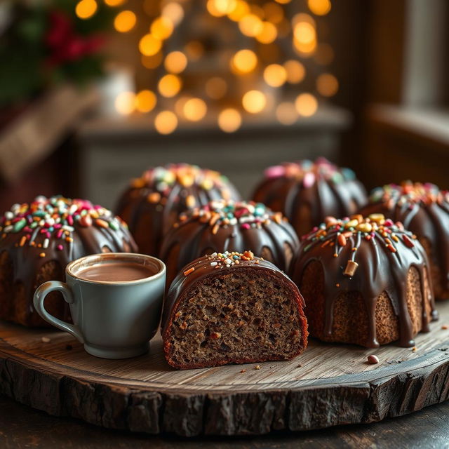 A beautifully arranged display of various chocotones, traditional Italian chocolate panettone, on a rustic wooden table