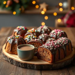 A beautifully arranged display of various chocotones, traditional Italian chocolate panettone, on a rustic wooden table