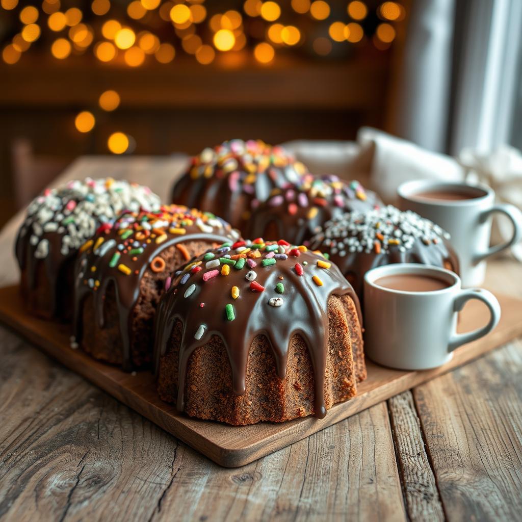 A beautifully arranged display of various chocotones, traditional Italian chocolate panettone, on a rustic wooden table