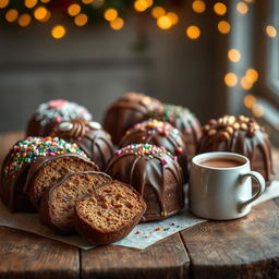 A beautifully arranged display of various chocotones, traditional Italian chocolate panettone, on a rustic wooden table