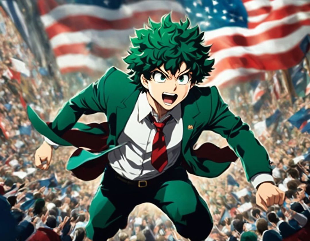 Advertisement-style image of Midoriya Izuku from My Hero Academia running for President, dressed in a suit and addressing a crowd