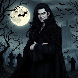 A striking vampire character design for a gothic novel cover, featuring a tall, elegant figure with deep crimson eyes and long, flowing black hair cascading over a dark, ornate cloak