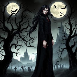 A striking vampire character design for a gothic novel cover, featuring a tall, elegant figure with deep crimson eyes and long, flowing black hair cascading over a dark, ornate cloak