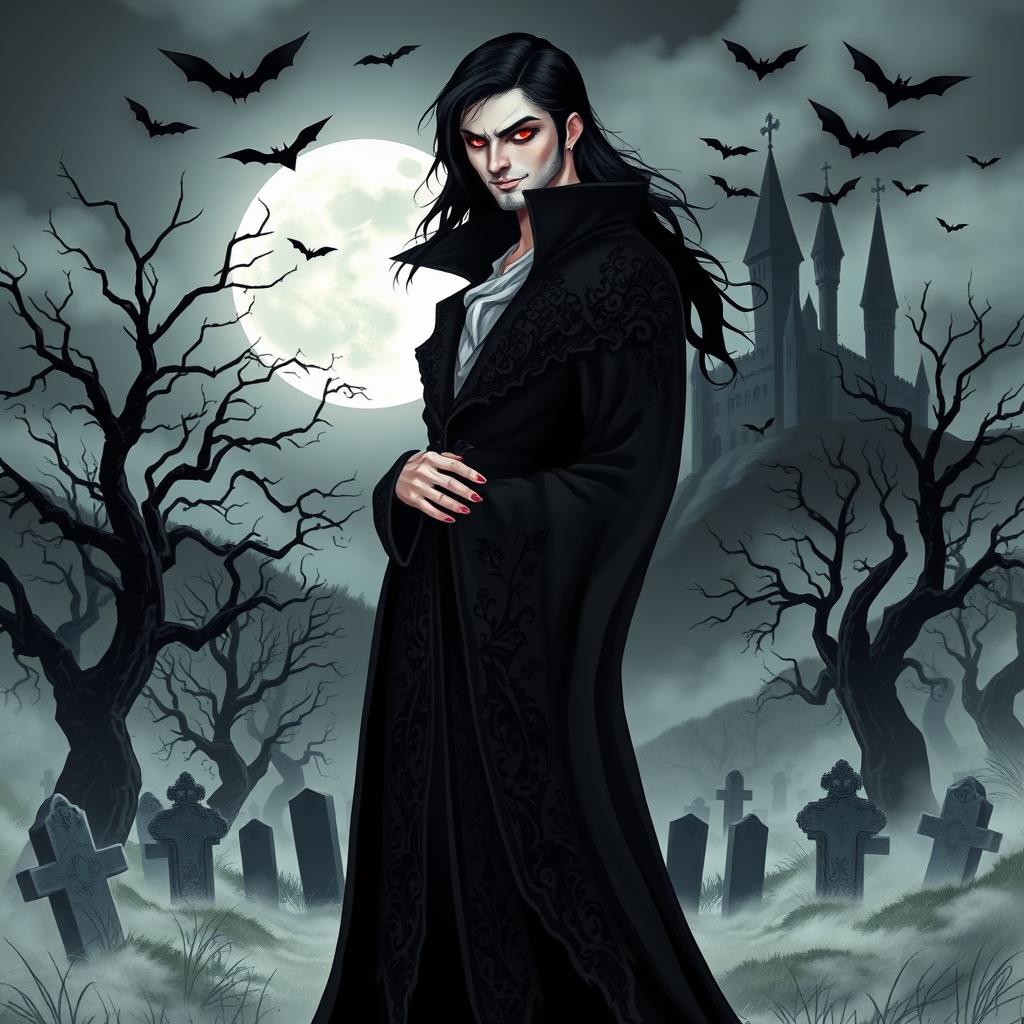 A striking vampire character design for a gothic novel cover, featuring a tall, elegant figure with deep crimson eyes and long, flowing black hair cascading over a dark, ornate cloak