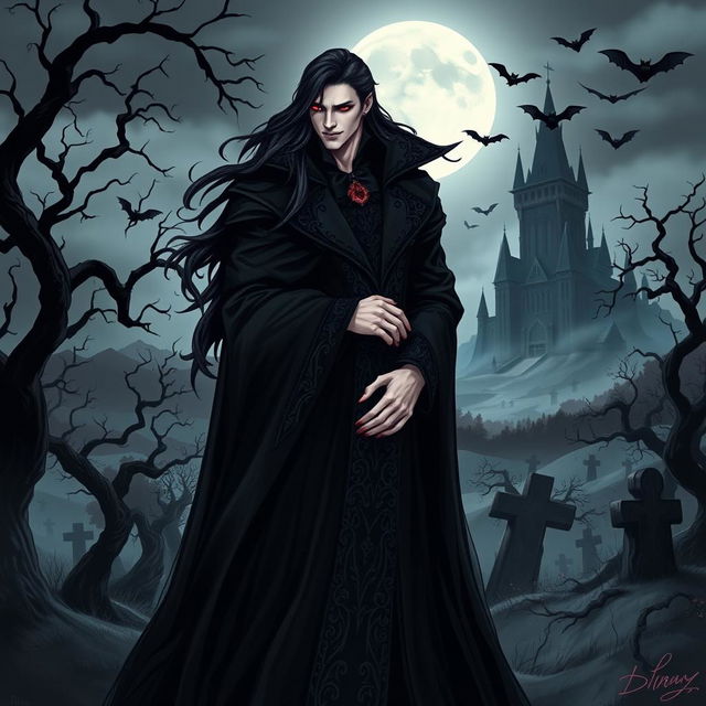 A striking vampire character design for a gothic novel cover, featuring a tall, elegant figure with deep crimson eyes and long, flowing black hair cascading over a dark, ornate cloak