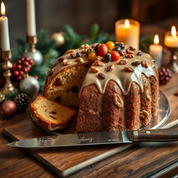 An elegant display of luxurious panettone on a finely crafted wooden table