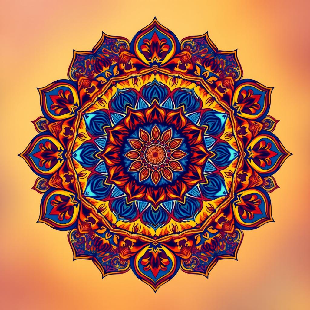 An intricate Indian mandala pattern designed for a fantasy novel cover, featuring a harmonious blend of vibrant colors including deep blues, rich reds, and golden yellows