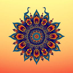 An intricate Indian mandala pattern designed for a fantasy novel cover, featuring a harmonious blend of vibrant colors including deep blues, rich reds, and golden yellows