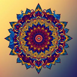 An intricate Indian mandala pattern designed for a fantasy novel cover, featuring a harmonious blend of vibrant colors including deep blues, rich reds, and golden yellows
