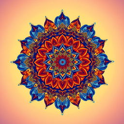 An intricate Indian mandala pattern designed for a fantasy novel cover, featuring a harmonious blend of vibrant colors including deep blues, rich reds, and golden yellows