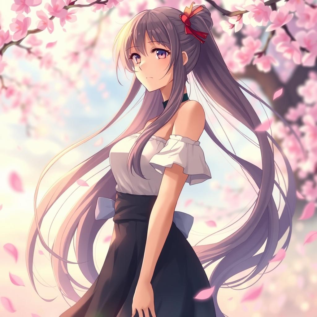 A beautiful anime woman with long flowing hair, standing confidently in a serene and peaceful environment, full of vibrant colors