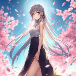 A beautiful anime woman with long flowing hair, standing confidently in a serene and peaceful environment, full of vibrant colors