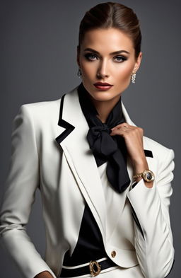 High fashion photograph of a model in a sophisticated day-to-day outfit, with immaculate composition and dramatic lighting against a black backdrop