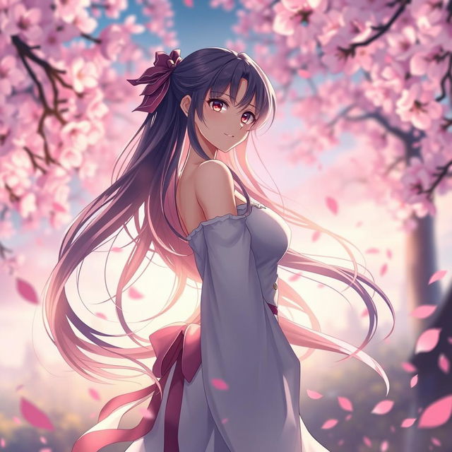 A beautiful anime woman with long flowing hair, standing confidently in a serene and peaceful environment, full of vibrant colors