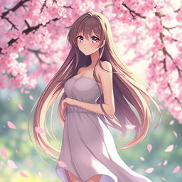 A beautiful anime woman with long flowing hair, standing confidently in a serene and peaceful environment, full of vibrant colors
