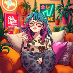 A stoner anime woman with colorful hair wearing oversized glasses, lounging on a vibrant couch surrounded by plush pillows, holding a joint and smiling dreamily