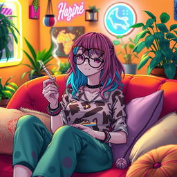 A stoner anime woman with colorful hair wearing oversized glasses, lounging on a vibrant couch surrounded by plush pillows, holding a joint and smiling dreamily
