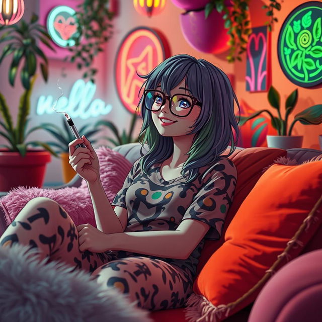 A stoner anime woman with colorful hair wearing oversized glasses, lounging on a vibrant couch surrounded by plush pillows, holding a joint and smiling dreamily