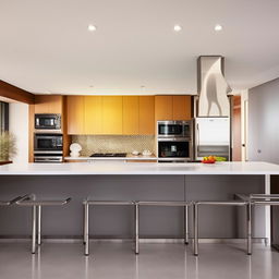 A modern, fully equipped kitchen with gleaming surfaces, stainless steel appliances, and natural light.