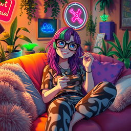 A stoner anime woman with colorful hair wearing oversized glasses, lounging on a vibrant couch surrounded by plush pillows, holding a joint and smiling dreamily