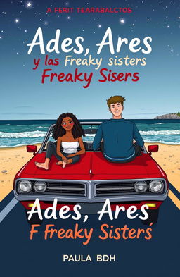 A book cover illustration featuring two heterosexual couples sitting on the hood of a red convertible parked on a nighttime beachside road