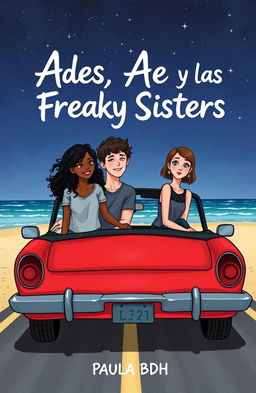 A book cover illustration featuring two heterosexual couples sitting on the hood of a red convertible parked on a nighttime beachside road