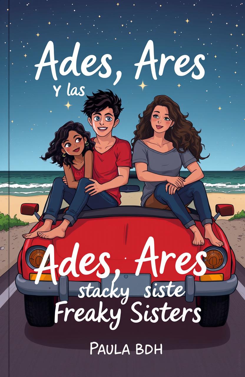 A book cover illustration featuring two heterosexual couples sitting on the hood of a red convertible parked on a nighttime beachside road