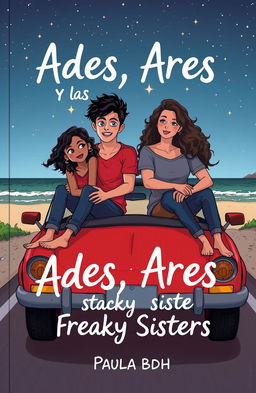 A book cover illustration featuring two heterosexual couples sitting on the hood of a red convertible parked on a nighttime beachside road